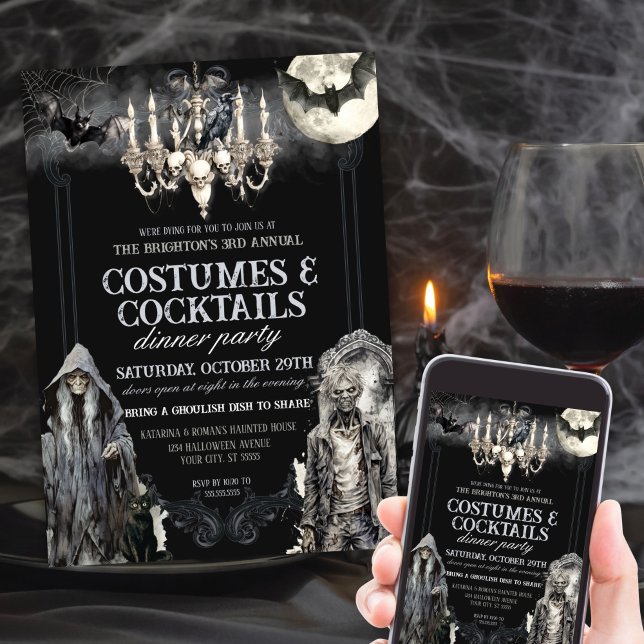 Moody Gothic Halloween Costume Cocktail Party Invitation (Moody Gothic Costumes and Cocktails Halloween Party Invitations for Adults)