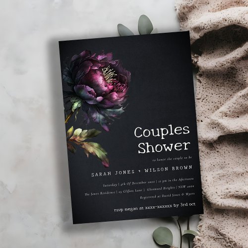 Moody Gothic Purple Black Peony Couples Shower Invitation