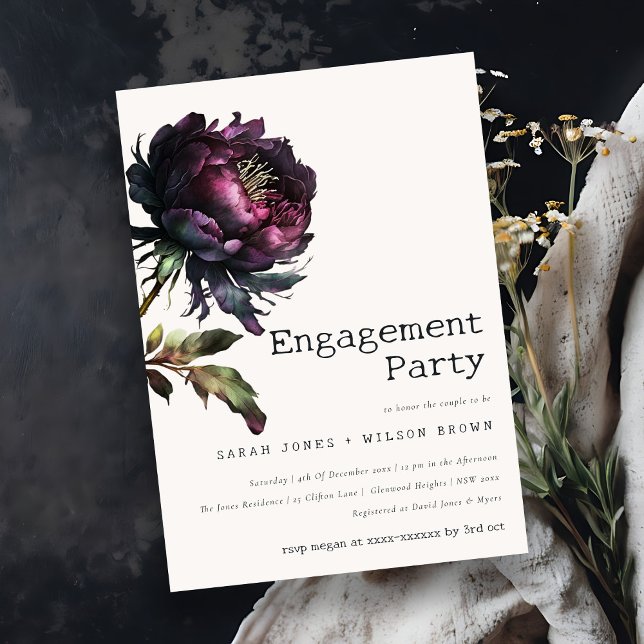 Moody Gothic Purple Black Peony Engagement Invitation (Creator Uploaded)