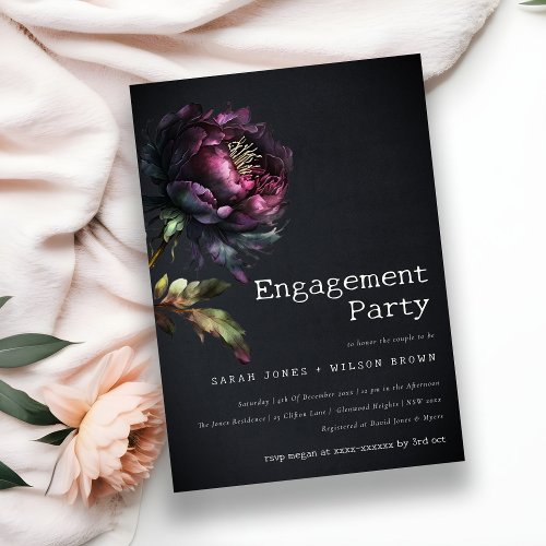 Moody Gothic Purple Black Peony Engagement Invitation