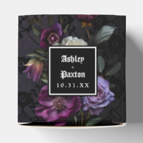 Moody Gothic Purple Floral Bouquet on Black Lace Favor Boxes