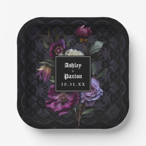 Moody Gothic Purple Floral Bouquet on Black Lace Paper Plates