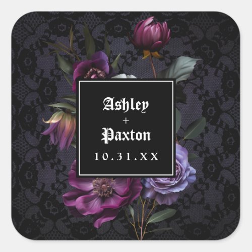 Moody Gothic Purple Floral Bouquet on Black Lace Square Sticker