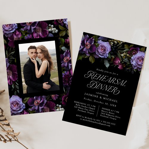 Moody Gothic Purple Floral Photo Rehearsal Dinner Invitation