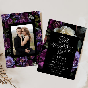 Moody Gothic Purple Floral Photo Wedding Invitation