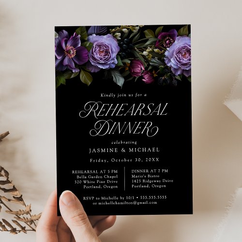 Moody Gothic Purple Floral Rehearsal Dinner Invitation