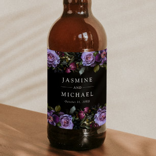 Moody Gothic Purple Floral Wedding Beer Bottle Label