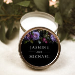 Moody Gothic Purple Floral Wedding Classic Round Sticker<br><div class="desc">Elegant, moody floral wedding stickers featuring a top border of purple and burgundy flowers with lush green leaves. Personalize the purple floral stickers with your names in white lettering. The personalized floral wedding stickers are perfect for sealing wedding invitation envelopes and wedding favor bags. Designed to coordinate with our Moody...</div>