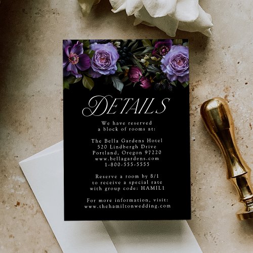Moody Gothic Purple Floral Wedding Details Enclosure Card