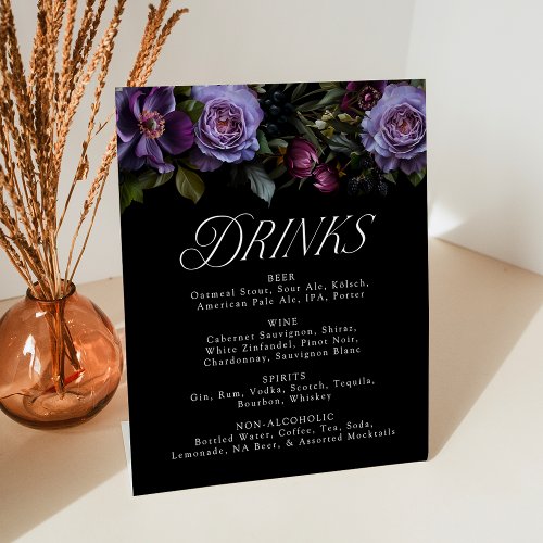 Moody Gothic Purple Floral Wedding Drink Menu Pedestal Sign