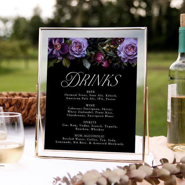 Moody Gothic Purple Floral Wedding Drink Menu Sign (Creator Uploaded)