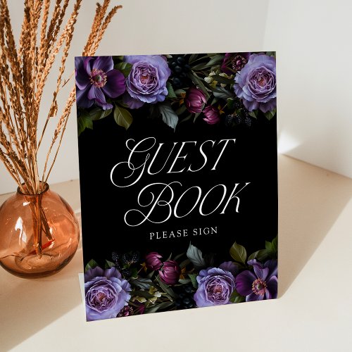 Moody Gothic Purple Floral Wedding Guest Book Pedestal Sign