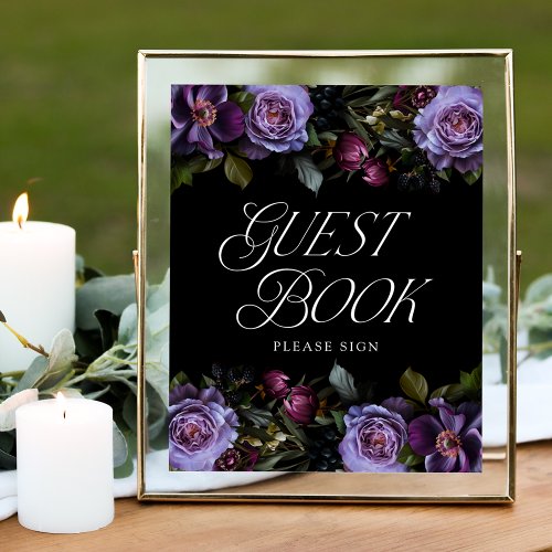 Moody Gothic Purple Floral Wedding Guest Book Sign
