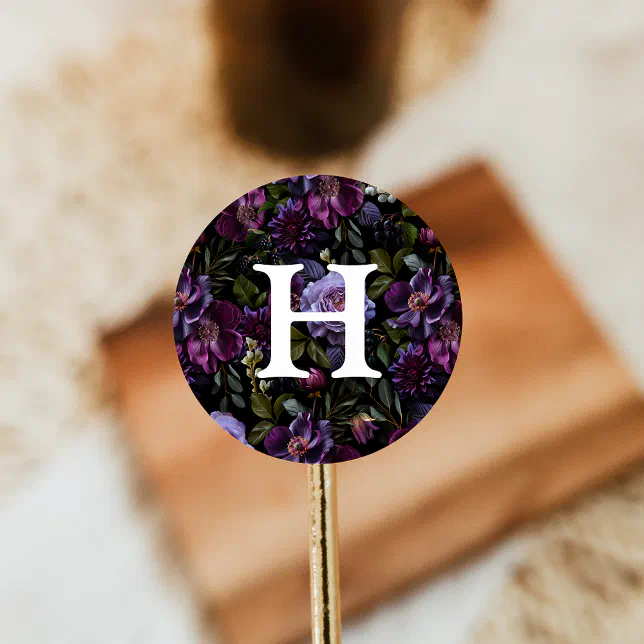 Moody Gothic Purple Floral Wedding Monogram Classic Round Sticker | Zazzle