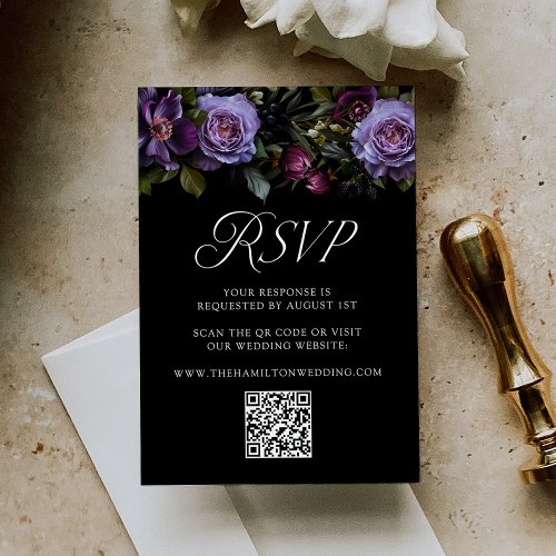 Moody Gothic Purple Floral Wedding QR Code RSVP Card