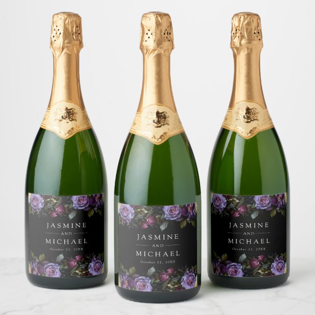 Moody Gothic Purple Floral Wedding Sparkling Wine Label (Bottles)