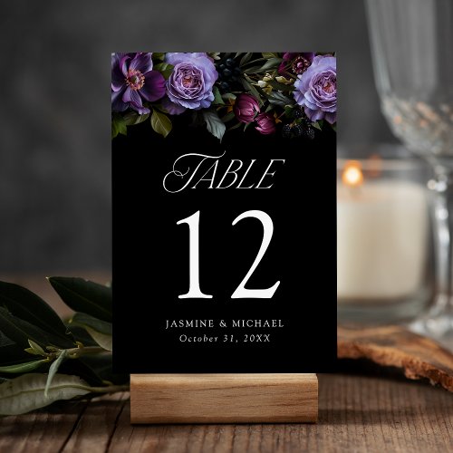 Moody Gothic Purple Floral Wedding Table Number