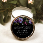 Moody Gothic Purple Floral Wedding Thank You Classic Round Sticker<br><div class="desc">Elegant, moody floral wedding thank you stickers featuring a top border of purple and burgundy flowers with lush green leaves. "Thank You" is displayed in a modern typography style. Personalize the purple floral thank you stickers with your names and wedding date in white lettering. The personalized wedding thank you stickers...</div>
