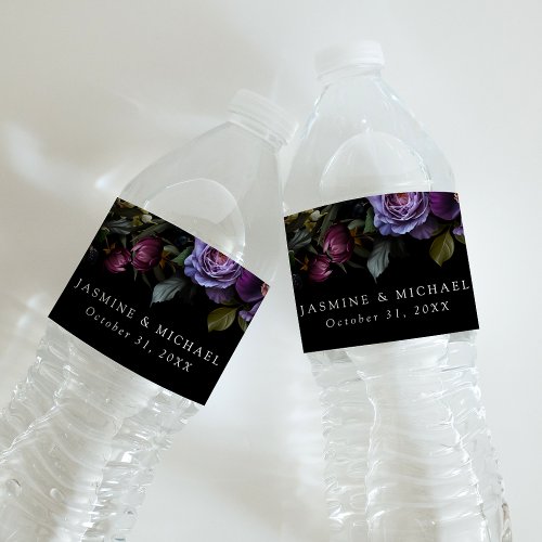 Moody Gothic Purple Floral Wedding Water Bottle Label