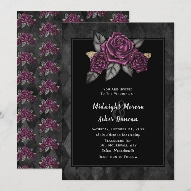 Moody Gothic Rose Black Wedding Invitation (Front/Back)