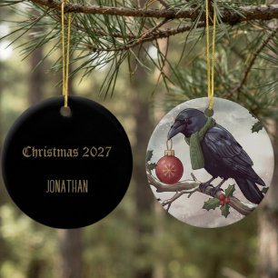 Moody Gothic Winter Christmas Raven Ceramic Ornament