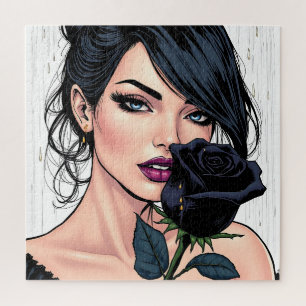 Moody Gothic Woman with Rose  Dark Aesthetic Jigsaw Puzzle