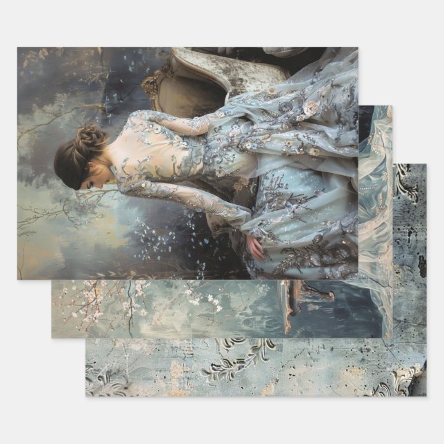 Moody Grays Elegant Woman's Back Blossoms Damask Wrapping Paper Sheets (Set)