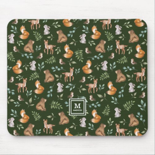 Moody Green Forest Animals Woodland Monogram Mouse Pad