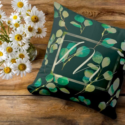 Moody Green Minty Leaves Monogrammed Throw Pillow