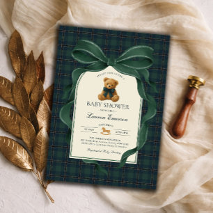 Moody Green Plaid Polo Teddy Bear Boy Baby Shower Invitation
