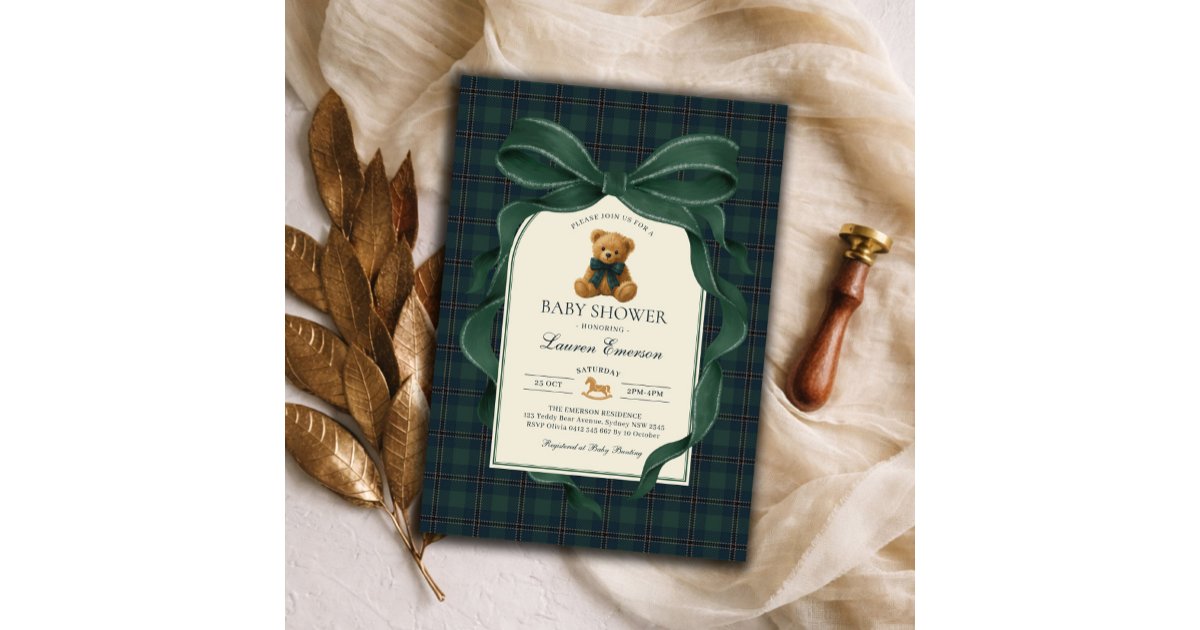 Moody Green Plaid Polo Teddy Bear Boy Baby Shower Invitation | Zazzle