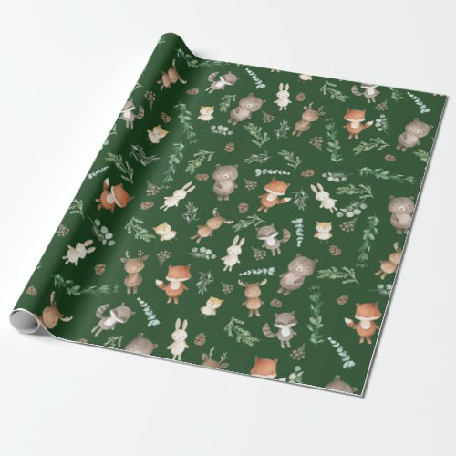 Moody Green Woodland Forest Animals Baby Birthday Wrapping Paper
