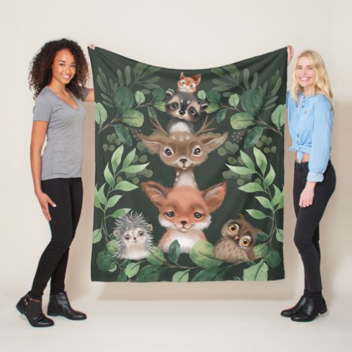 Moody Green Woodland Forest Animals Baby Boy  Fleece Blanket