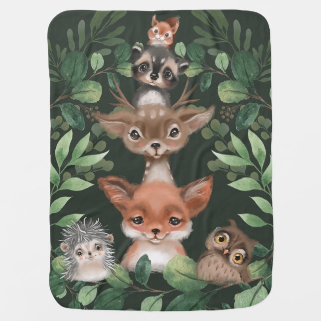 Moody Green Woodland Forest Animals Baby Nursery Blanket (Front)