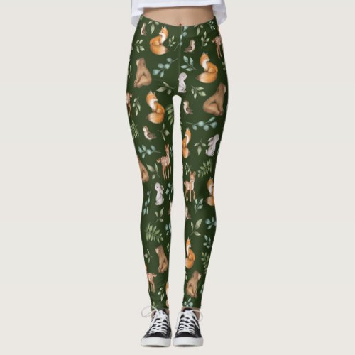 Moody Green Woodland Forest Animals Pattern Leggings