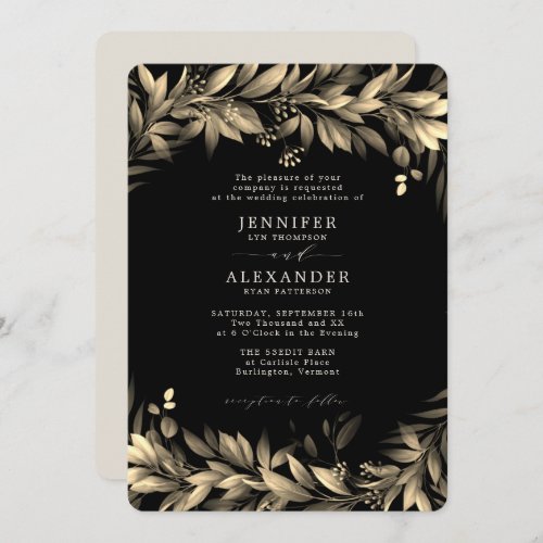 Moody Greenery Black  Beige Wedding Invitation