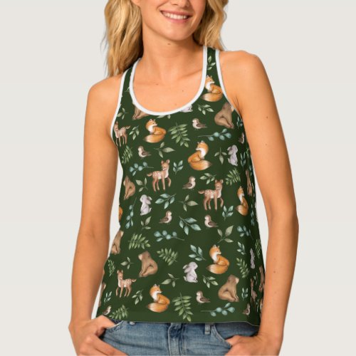 Moody Greenery Whimsical Woodland Forest Animals Tank Top