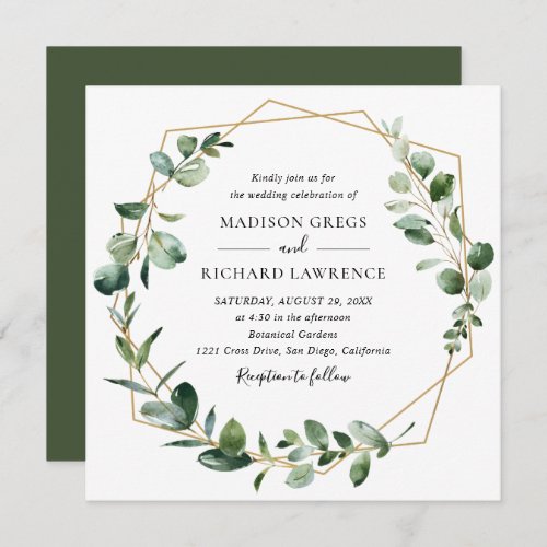 Moody Greenery with Gold Geometric Frame Wedding Invitation