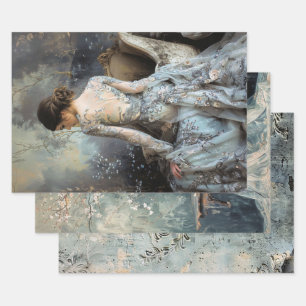 Moody Greys Elegant Woman's Back Blossoms Damask Wrapping Paper Sheets