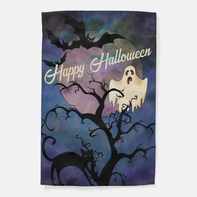 Moody Happy Halloween Sky with Bats & Ghosts Garden Flag (Front)