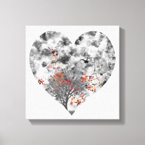 Moody heart with clouds birds and falling leaves canvas print