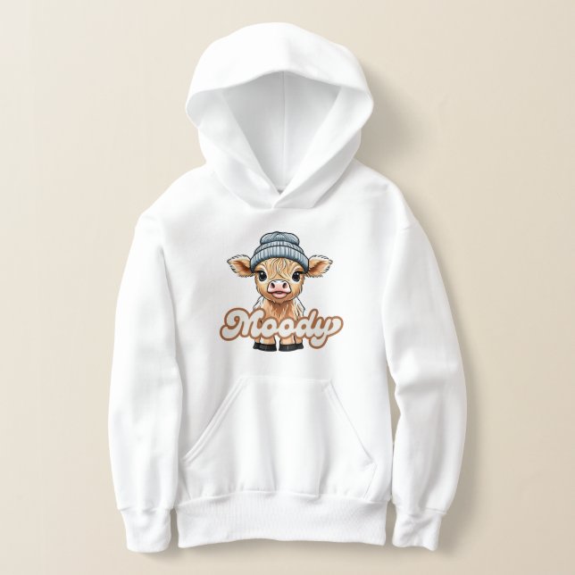 Moody Highland Cow Kids Hoodie Sweatshirt (Laydown)