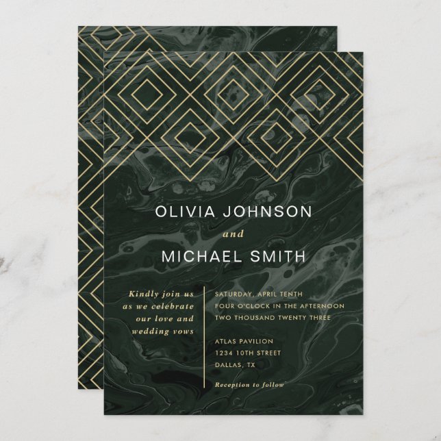 Moody Hues Emerald Green Marble Wedding Invitation (Front/Back)