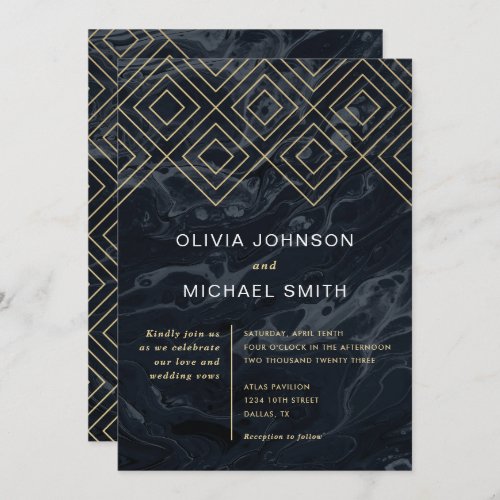 Moody Hues Midnight Blue Marble Wedding Invitation