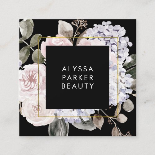 Moody Hydrangea  Watercolor Floral on Black Square Business Card