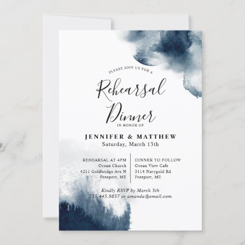 Moody Indigo Blue Watercolor Rehearsal Dinner Invitation