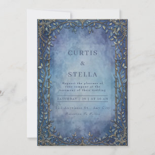 Moody Indigo Filigree Vine Border Wedding Invitation