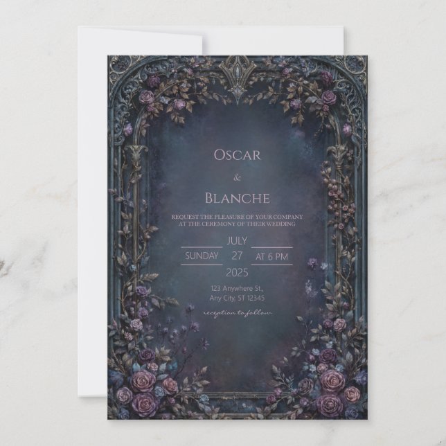 Moody Indigo Gothic Rose Archway Wedding Invitation (Front)