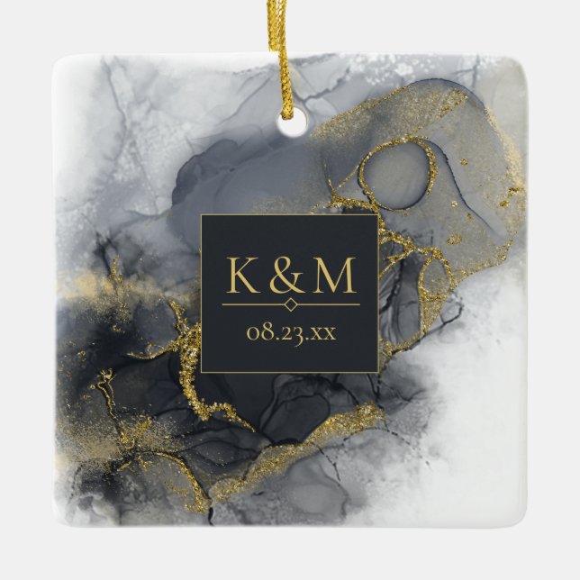 Moody Ink Charcoal Gold Abstract Blk ID988 Ceramic Ornament (Front)