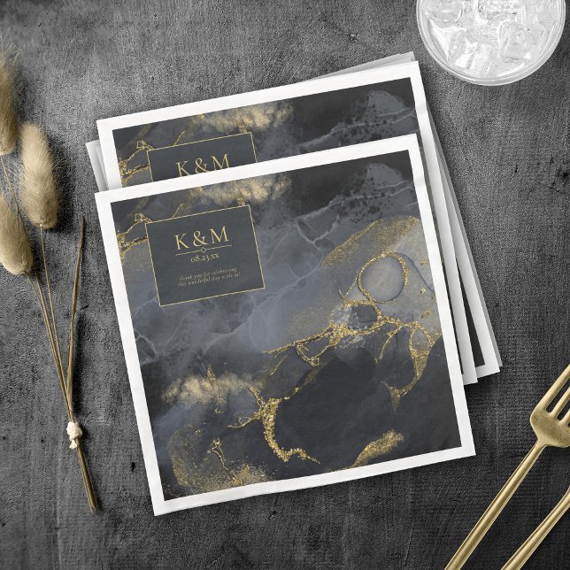 Moody Ink Charcoal Gold Abstract Blk ID988 Paper Dinner Napkins (Creator Uploaded)